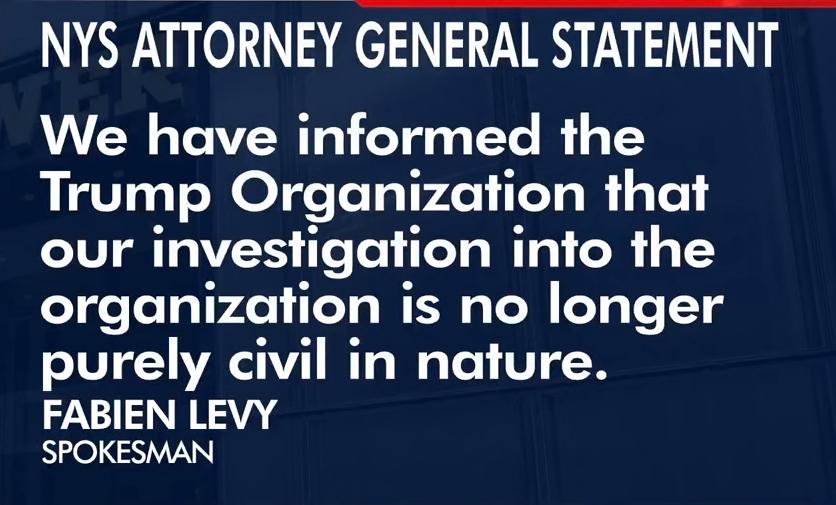 NYS ATTORNEY GENERAL STATEMENT We have informed the Trump Organization that oYU T VIYS feTel TeTa T o1 o3 g 1 organization is no longer purely civil in nature FABIEN LEVY SPOKESMAN