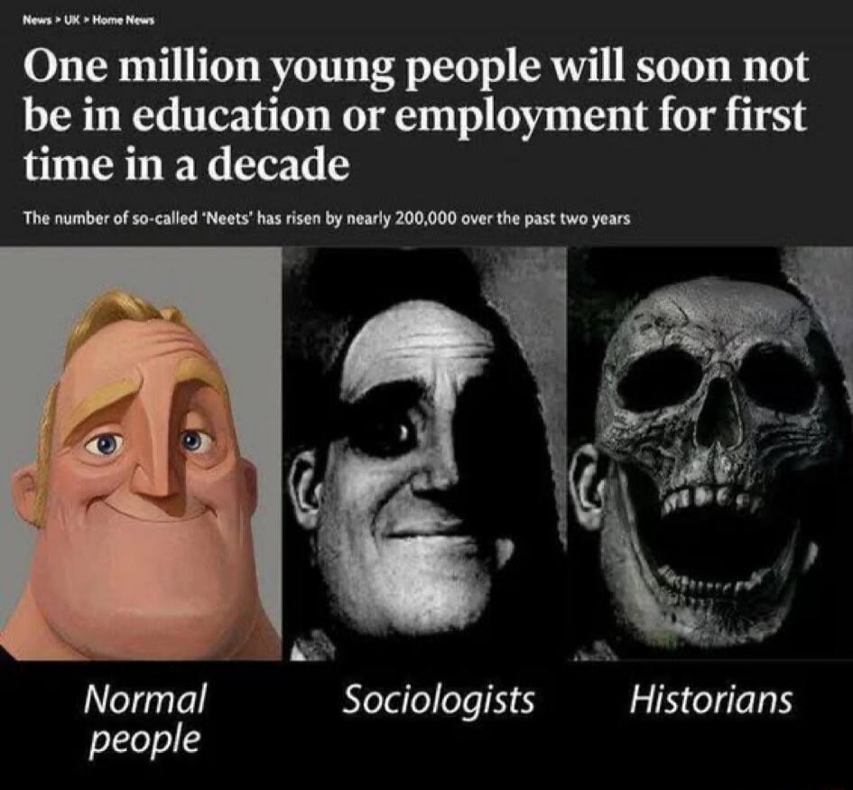 One million young people will soon not be in education or employment for first time in a decade
The number of so-called 'Neets' has risen by nearly 200,000 over the past two years
Normal people   Sociologists   Historians