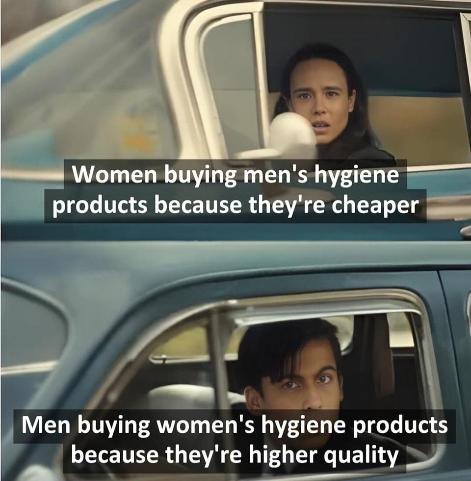 Women buying mens hygiene products because theyre cheaper g Men buying womens hygiehe products because theyre higher quality y