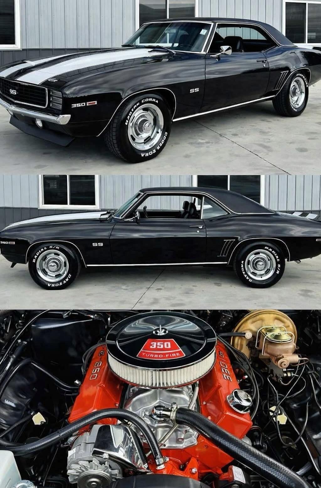 SS 350 DAYTONA RADIAL S/R COBRA TURBO-FIRE 350 GIDEE. The image displays a classic black Chevrolet Camaro SS from multiple angles, showcasing its exterior with white racing stripes and chrome wheels. A detailed close-up of the engine bay reveals the '350 TURBO-FIRE' engine with orange valve covers and a chrome air filter.