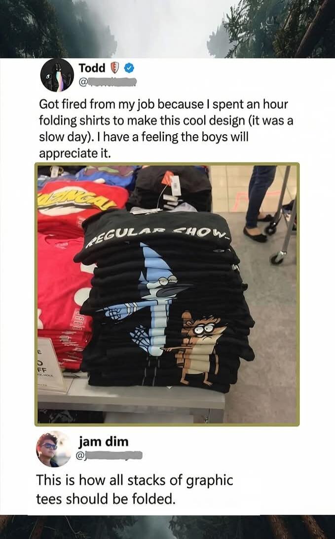 Got fired from my job because I spent an hour folding shirts to make this cool design (it was a slow day). I have a feeling the boys will appreciate it. This is how all stacks of graphic tees should be folded.