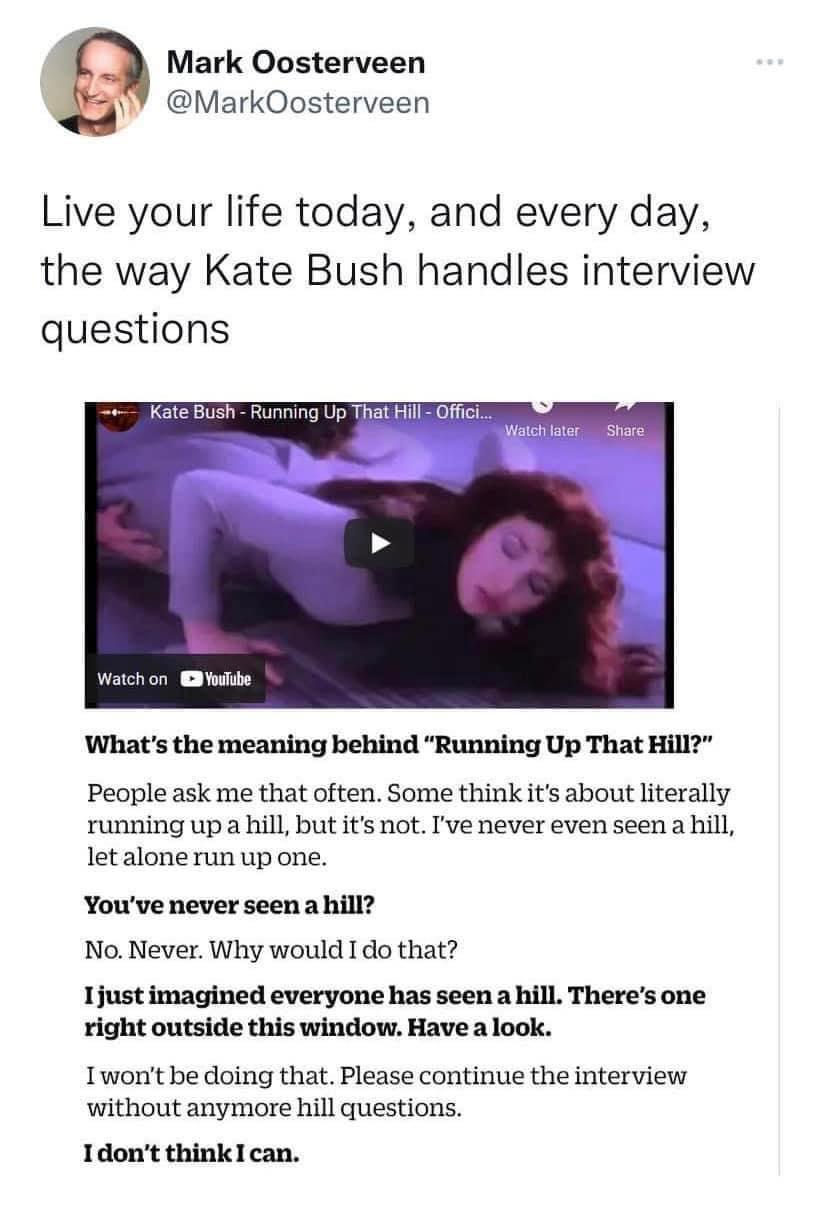 Mark Oosterveen MarkOosterveen Live your life today and every day the way Kate Bush handles interview questions watchon Ewbe Whats the meaning behind Running Up That Hill People ask me that often Some thinkits about literally running up a hill but its not Ive never even seen a hill letalone run up one Youve never seen a hill No Never Why would I do that Tjust imagined everyone has seen a hill Ther