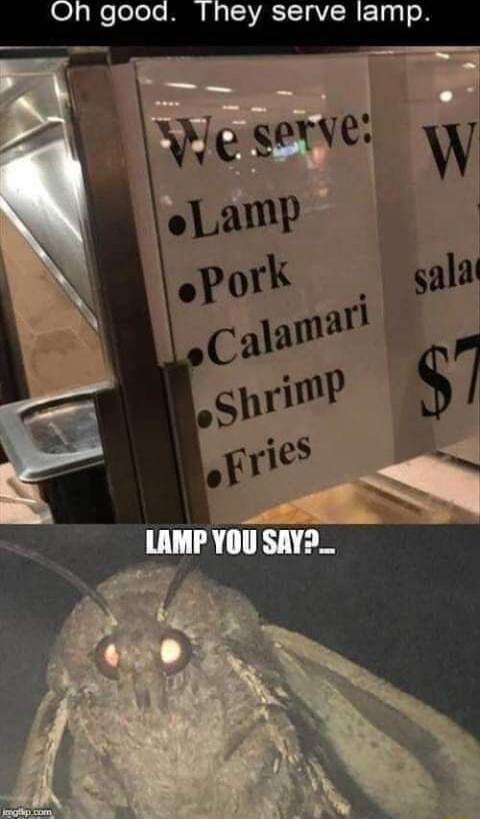 Oh good. They serve lamp. We serve: Lamp, Pork, Calamari, Shrimp, Fries. LAMP YOU SAY?..