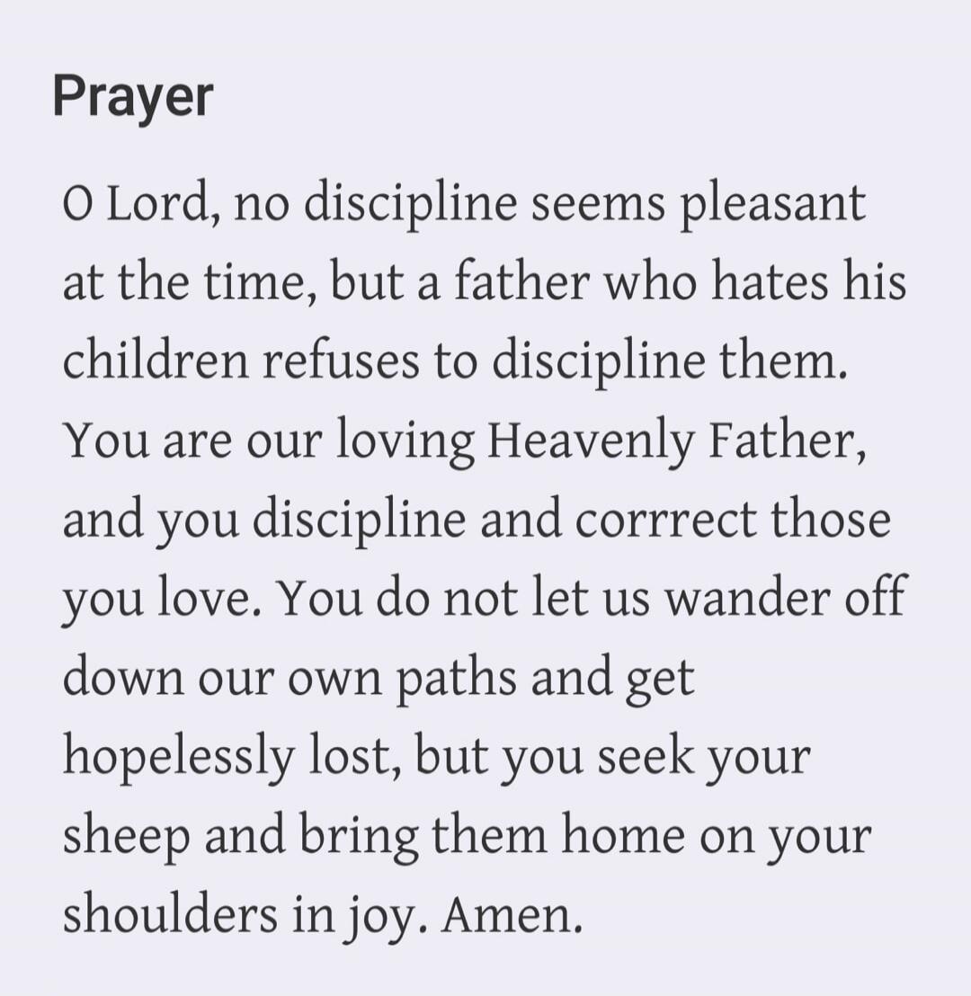 Prayer
O Lord, no discipline seems pleasant at the time, but a father who hates his children refuses to discipline them. You are our loving Heavenly Father, and you discipline and corrrect those you love. You do not let us wander off down our own paths and get hopelessly lost, but you seek your sheep and bring them home on your shoulders in joy. Am