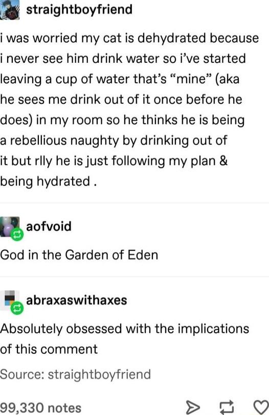 straightboyfriend i was worried my cat is dehydrated because i never see him drink water so ive started leaving a cup of water thats mine aka he sees me drink out of it once before he does in my room so he thinks he is being a rebellious naughty by drinking out of it but rlly he is just following my plan being hydrated aofvoid God in the Garden of Eden abraxaswithaxes Absolutely obsessed with the 
