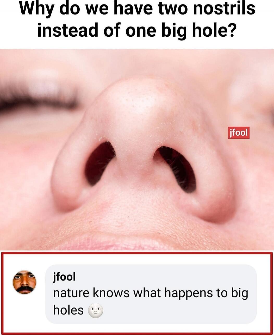 Why do we have two nostrils instead of one big hole?

nature knows what happens to big holes 😐