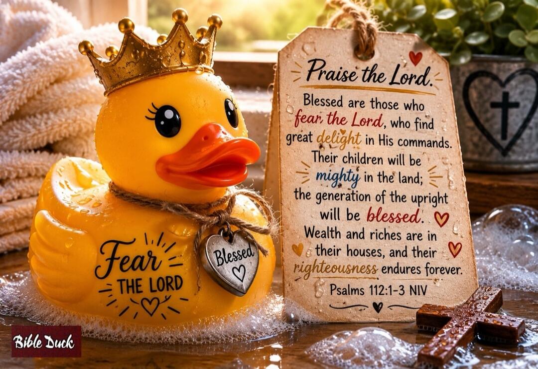 Praise the Lord. Blessed are those who fear the Lord, who find great delight in His commands. Their children will be mighty in the land; the generation of the upright will be blessed. Wealth and riches are in their houses, and their righteousness endures forever. Psalms 112:1-3 NIV. Fear THE LORD. Blessed. Bible Duck.