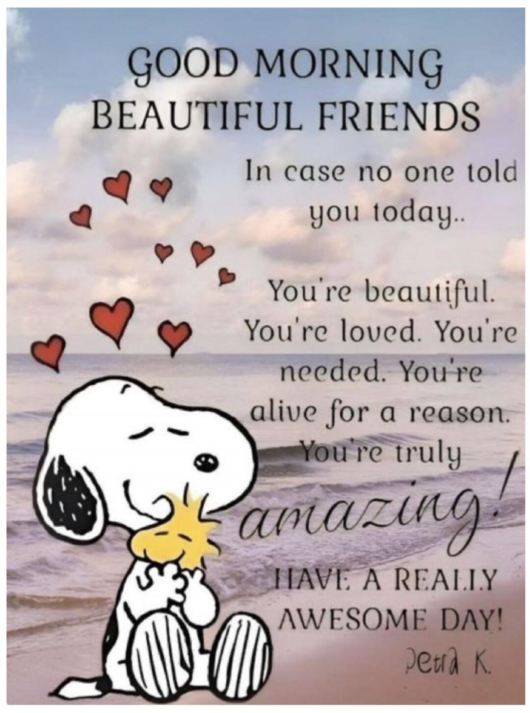 GOOD MORNING BEAUTIFUL FRIENDS
In case no one told you today..
You're beautiful.
You're loved. You're needed. You're alive for a reason.
You're truly amazing!
HAVE A REALLY AWESOME DAY!
Petra K.