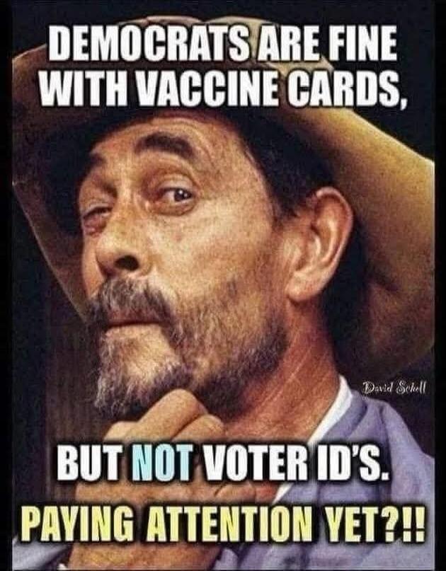 DEMOCRATS ARE FINE WITH VACCINE CARDS, BUT NOT VOTER ID'S. PAYING ATTENTION YET?!!