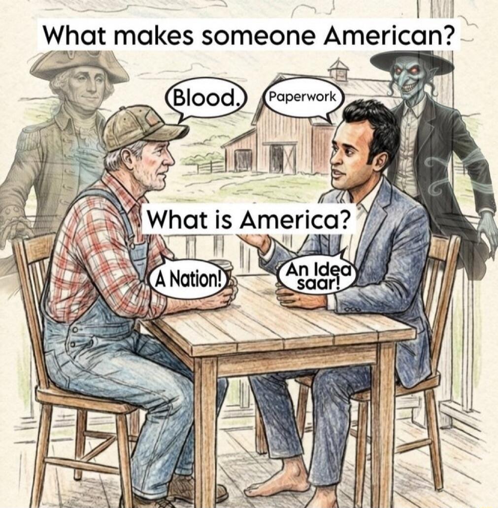 What makes someone American? Blood. Paperwork. What is America? A Nation! An Idea saar!