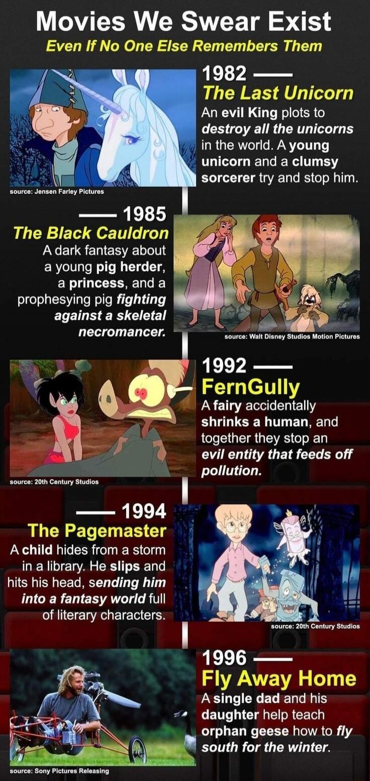 Movies We Swear Exist Even If No One Else Remembers Them 1982 The Last Unicorn An evil King plots to destroy all the unicorns in the world. A young unicorn and a clumsy sorcerer try and stop him. 1985 The Black Cauldron A dark fantasy about a young pig herder, a princess, and a prophesying pig fighting against a skeletal necromancer. 1992 FernGully