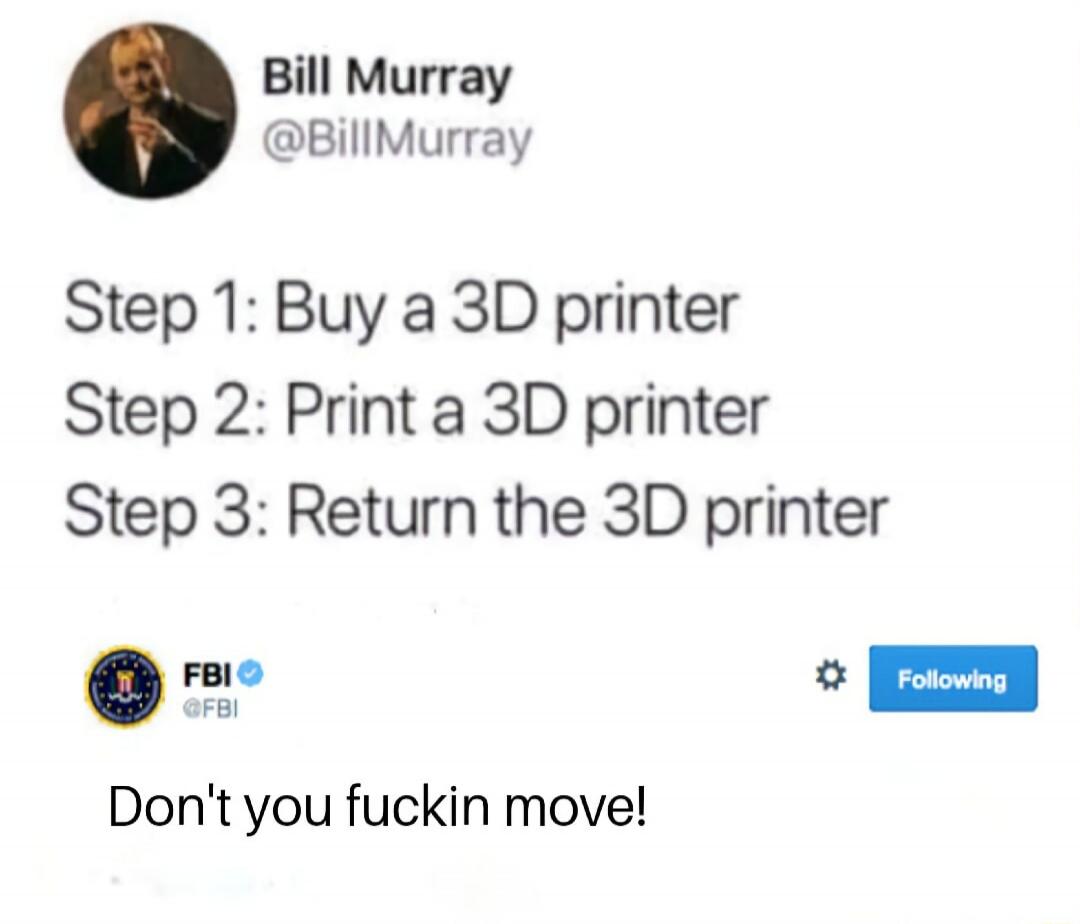 Step 1: Buy a 3D printer Step 2: Print a 3D printer Step 3: Return the 3D printer FBI Don't you fuckin move!