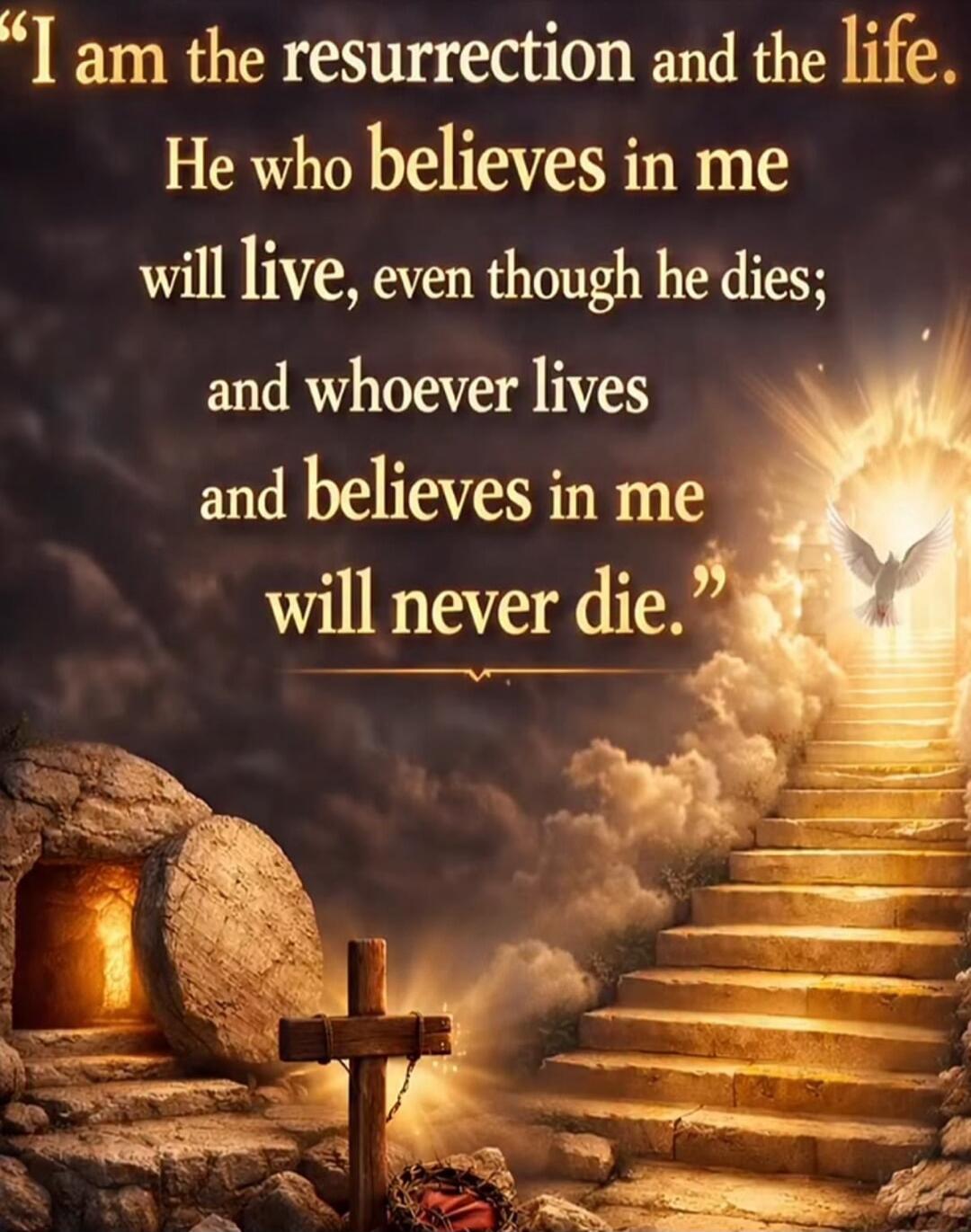 I am the resurrection and the life. He who believes in me will live, even though he dies; and whoever lives and believes in me will never die.