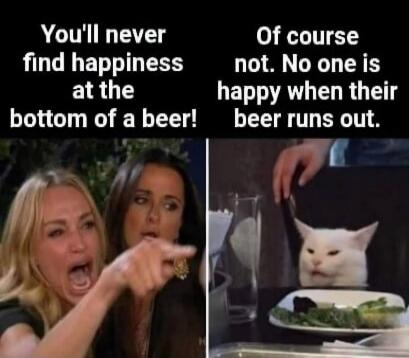 You'll never find happiness at the bottom of a beer! Of course not. No one is happy when their beer runs out.