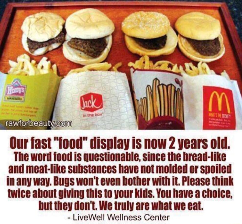 Our fast food display is now 2 years old The word food is questionable since the hread like and meat like substances have not molded or spoiled in any way Bugs wont even bother with it Please think twice ahout giving this to your kids You have a choice but they dont We truly are what we eat LiveWell Wellness Center