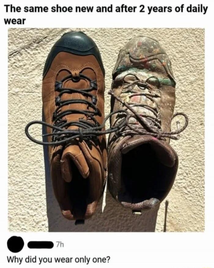 The same shoe new and after 2 years of daily wear. Why did you wear only one?