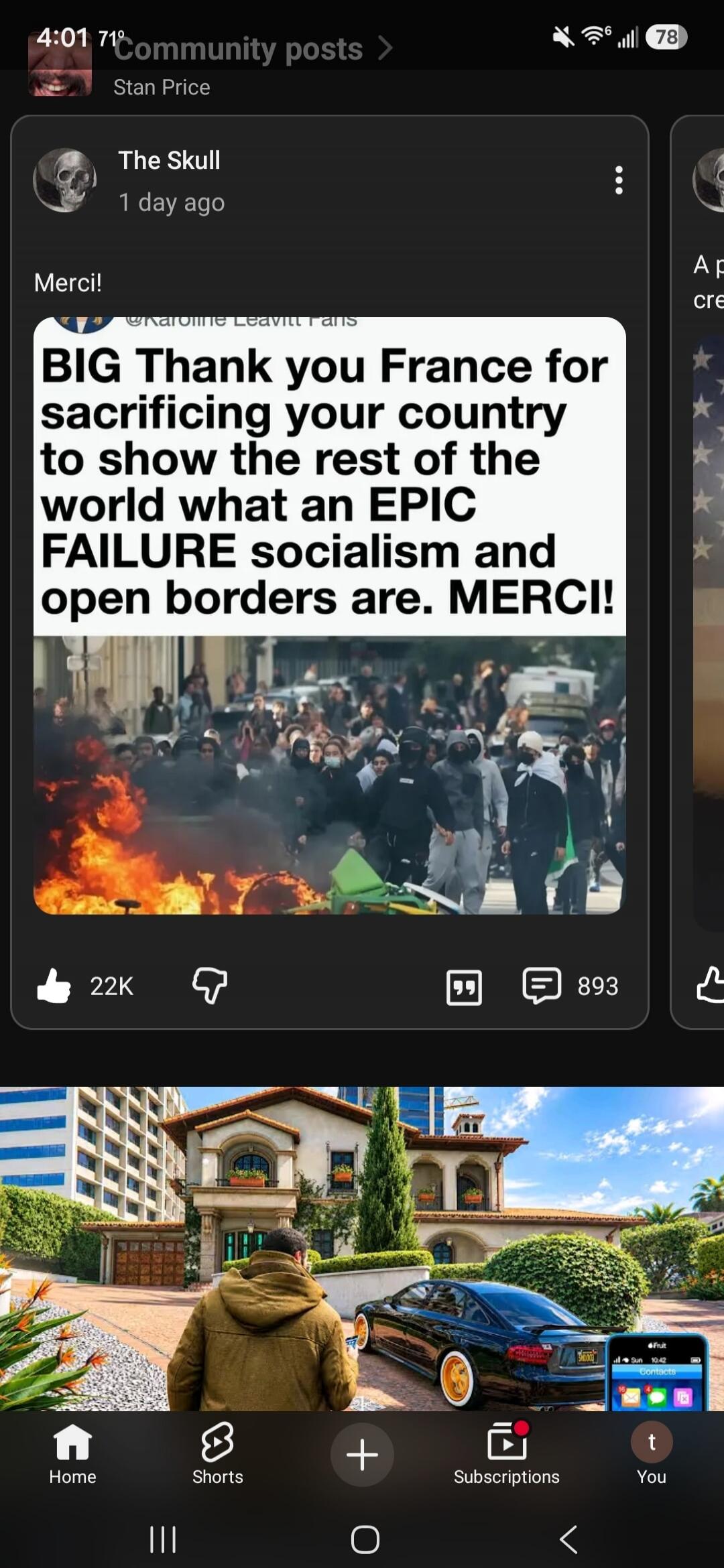 Merci! BIG Thank you France for sacrificing your country to show the rest of the world what an EPIC FAILURE socialism and open borders are. MERCI!