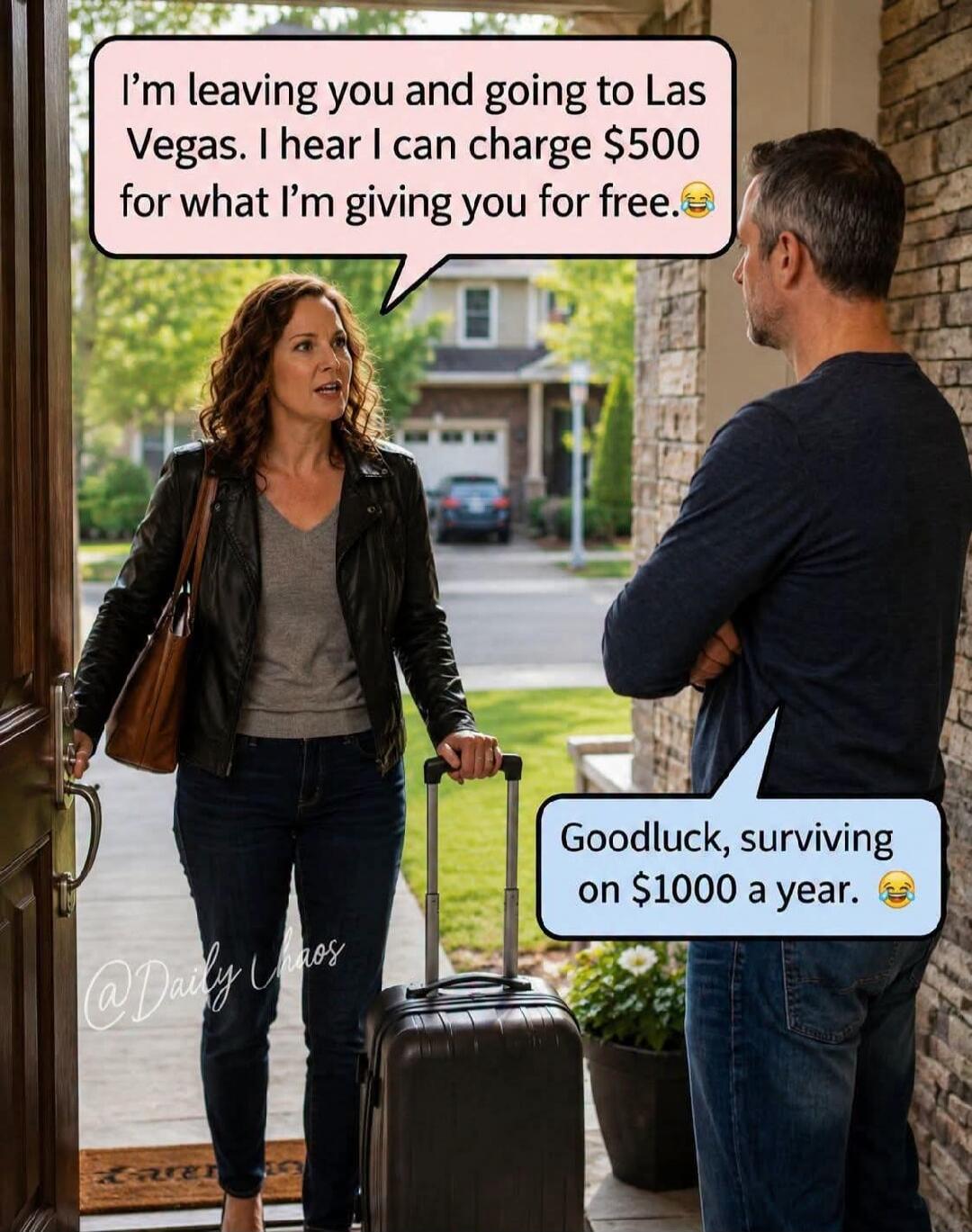 I'm leaving you and going to Las Vegas. I hear I can charge $500 for what I'm giving you for free.😂 Goodluck, surviving on $1000 a year.😂