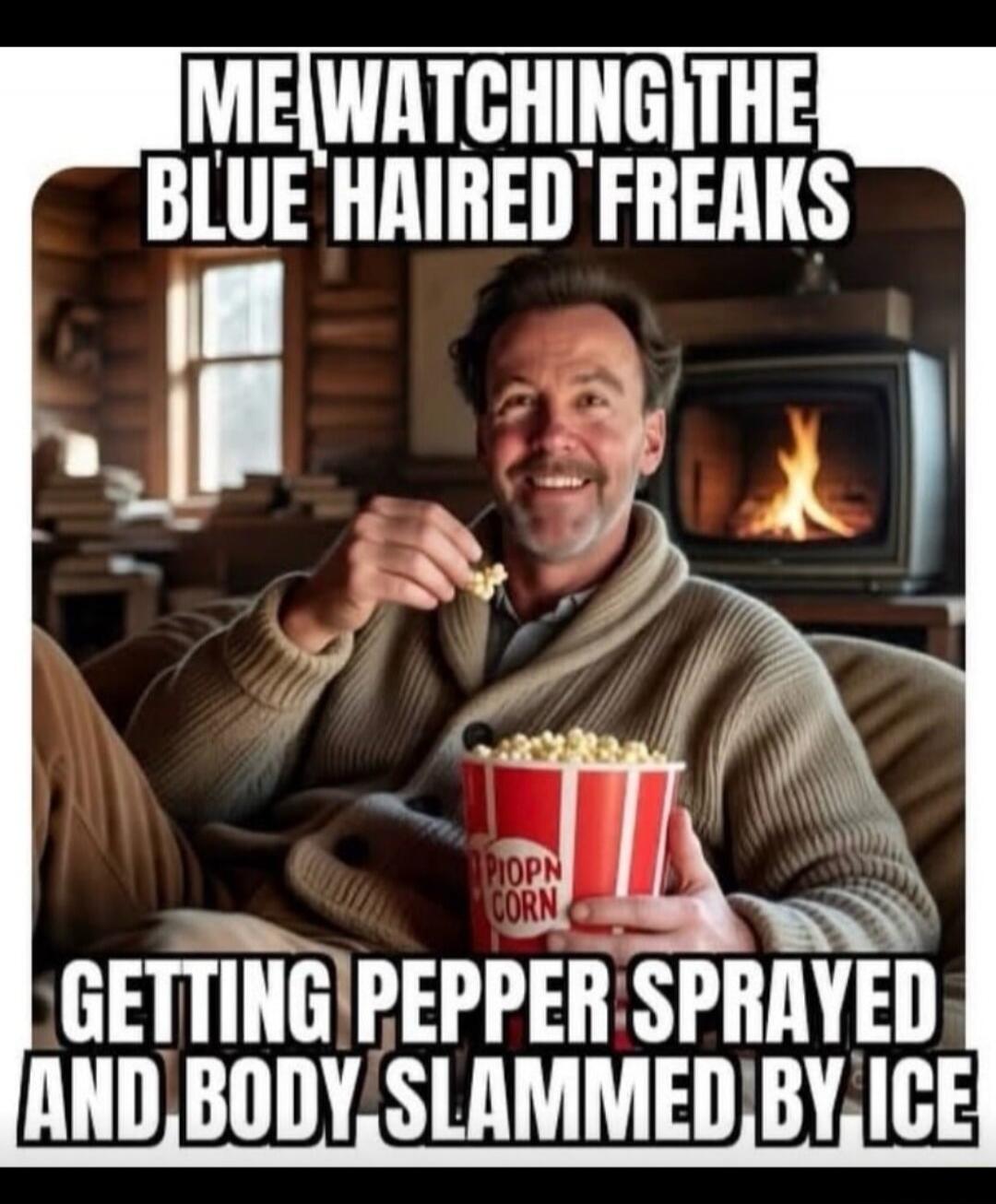 ME WATCHING THE BLUE HAIRED FREAKS GETTING PEPPER SPRAYED AND BODY SLAMMED BY ICE. PIOPN CORN.