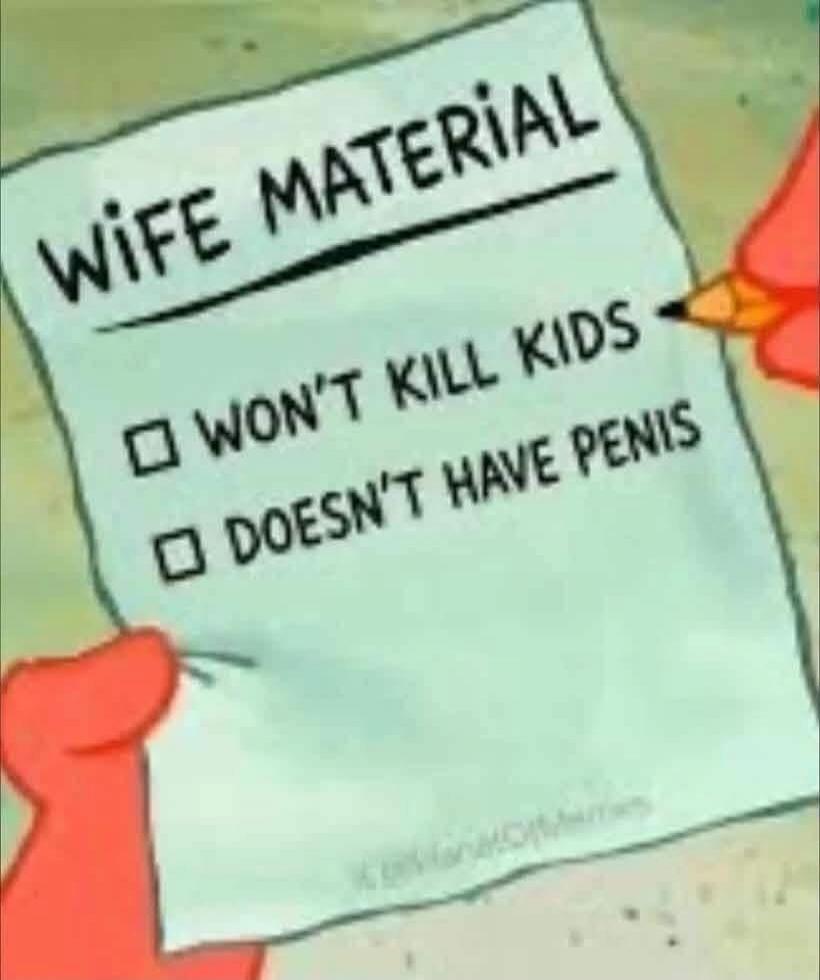 WIFE MATERIAL WON'T KILL KIDS DOESN'T HAVE PENIS