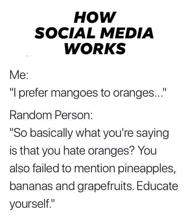 HOW SOCIAL MEDIA WORKS Me l prefer mangoes to oranges Random Person So basically what youre saying is that you hate oranges You also failed to mention pineapples bananas and grapefruits Educate yourself