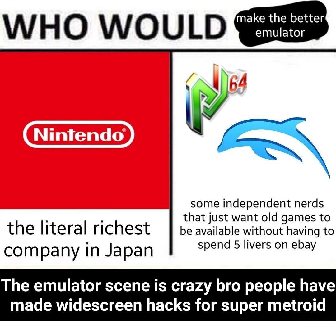 WHO WOULD some independent nerds that just want old games to be available without having to spend 5 livers on ebay the literal richest company in Japan LR T B T R ER VAR o ol o T To N E VT made widescreen hacks for super metroid