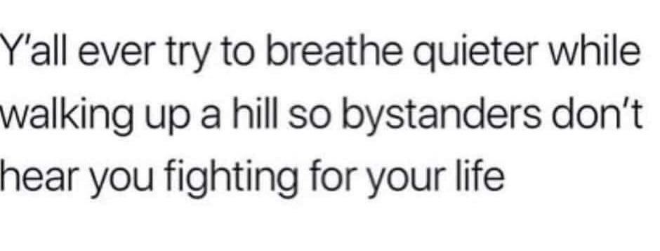 Yall ever try to breathe quieter while walking up a hill so bystanders dont hear you fighting for your life