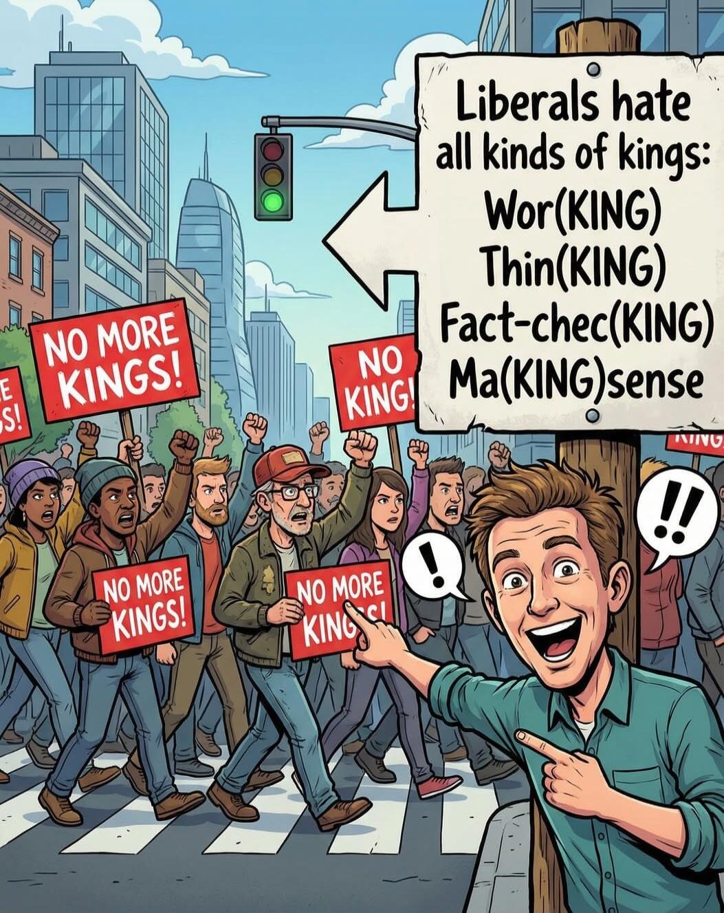 NO MORE KINGS! NO KING! Liberals hate all kinds of kings: Wor(KING) Thin(KING) Fact-chec(KING) Ma(KING)sense