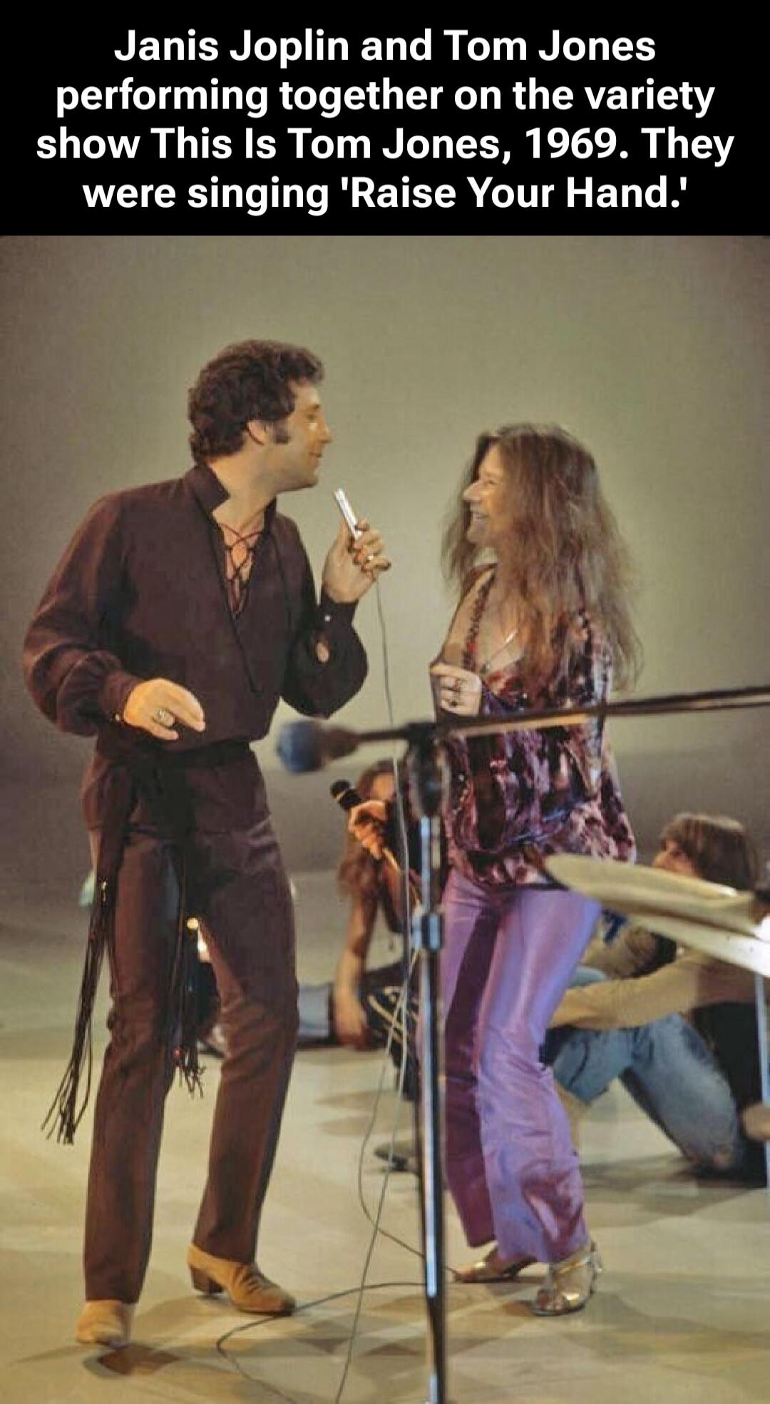 Janis Joplin and Tom Jones performing together on the variety show This Is Tom Jones, 1969. They were singing 'Raise Your Hand'.