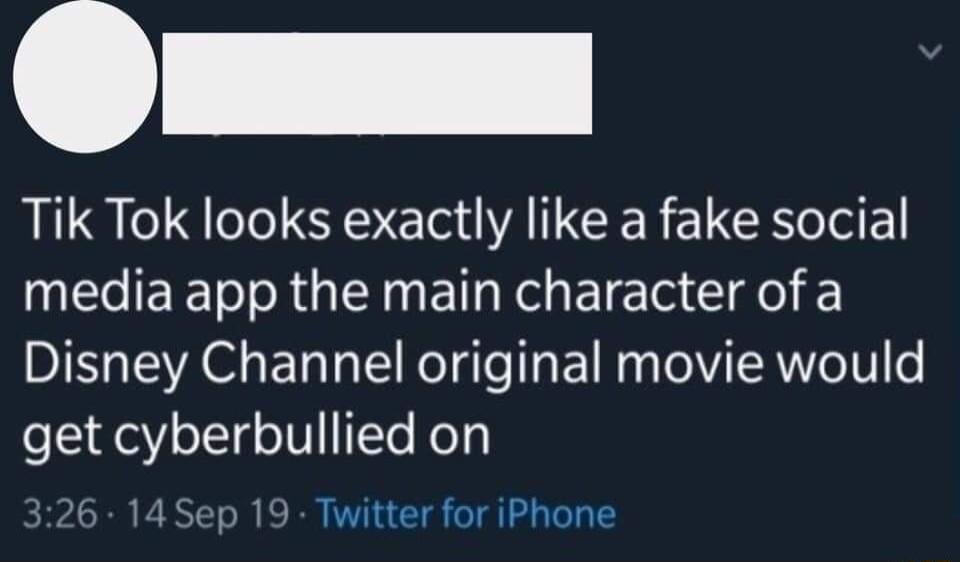 Tik Tok looks exactly like a fake social IEE T RGN Kol Bl la e Disney Channel original movie would get cyberbullied on 326 14 Sep 19 Twitter for iPhone EUNNYCO