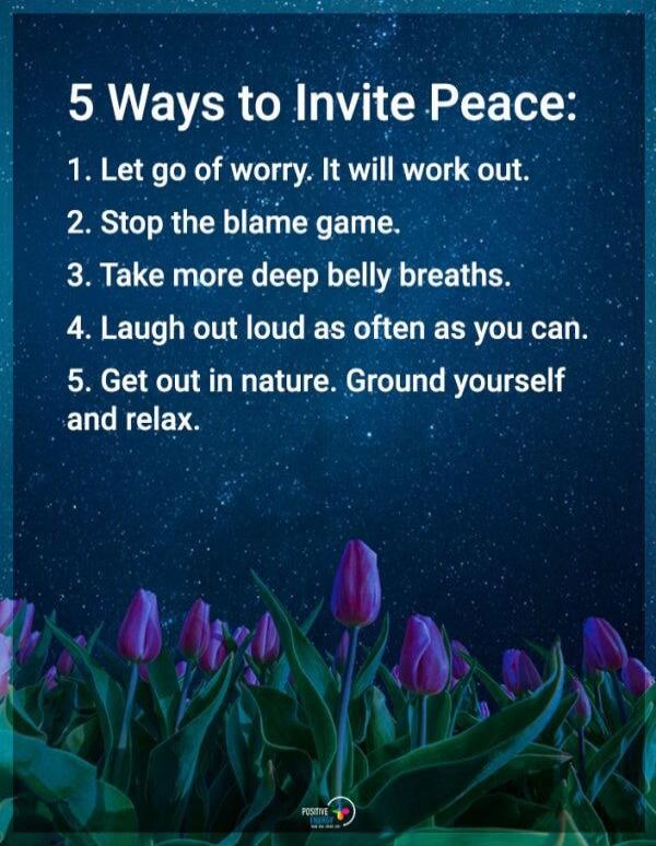 5 Ways to Invite Peace: 1. Let go of worry. It will work out. 2. Stop the blame game. 3. Take more deep belly breaths. 4. Laugh out loud as often as you can. 5. Get out in nature. Ground yourself and relax. Positive Energy.