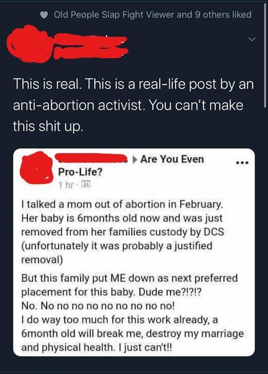 Old People Slap Fight Viewer and 9 others liked LSS CE R GSISENCE R ole kS dlo AT ElalEEolelailelaReTa S R oK a R AN LG this shit up GEEEEER Are You Even Pro Life talked a mom out of abortion in February Her baby is 6months old now and was just removed from her families custody by DCS unfortunately it was probably a justified removal But this family put ME down as next preferred placement for this