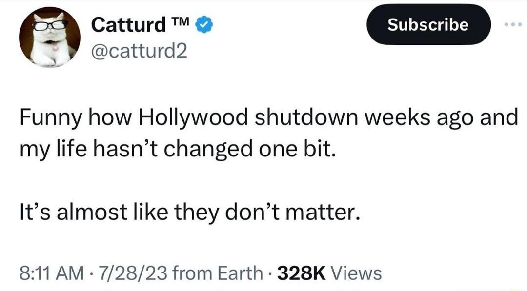 catturd2 Funny how Hollywood shutdown weeks ago and my life hasnt changed one bit Its almost like they dont matter 811 AM 72823 from Earth 328K Views