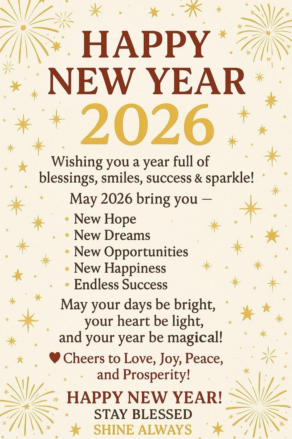 HAPPY
NEW YEAR
2026
Wishing you a year full of blessings, smiles, success & sparkle!
May 2026 bring you —
New Hope
New Dreams
New Opportunities
New Happiness
Endless Success
May your days be bright,
your heart be light,
and your year be magical!
❤️ Cheers to Love, Joy, Peace,
and Prosperity!
HAPPY NEW YEAR!
STAY BLESSED
SHINE ALWAYS