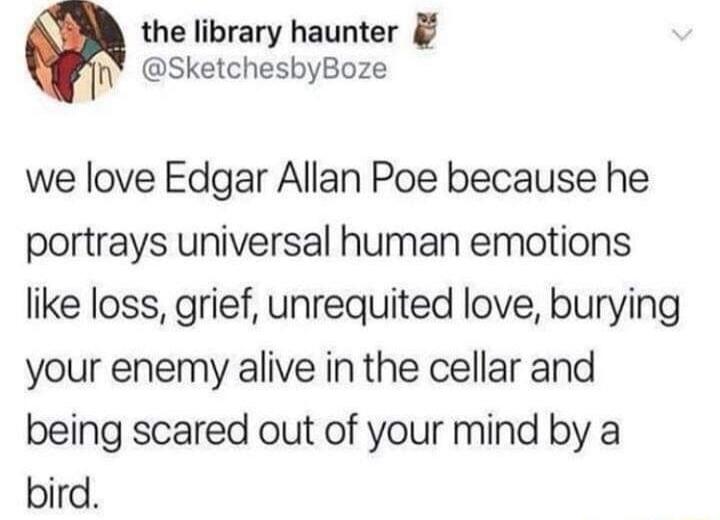 the library haunter Y SketchesbyBoze we love Edgar Allan Poe because he portrays universal human emotions like loss grief unrequited love burying your enemy alive in the cellar and being scared out of your mind by a bird