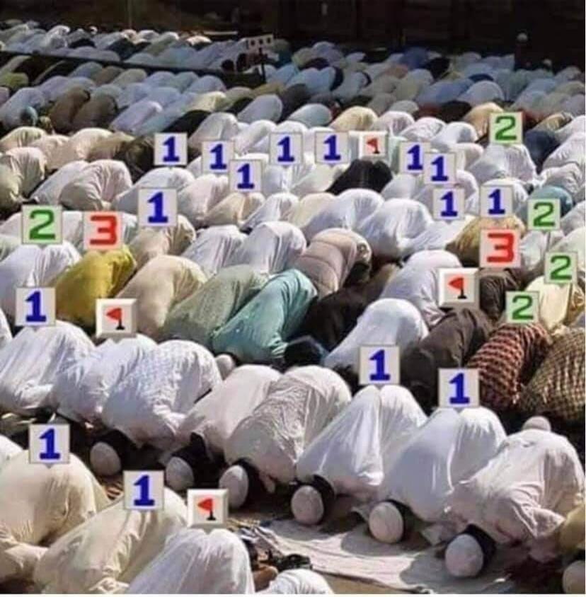 An image showing a large crowd of people in prayer, with various numbers (1, 2, 3) and a flag symbol overlaid on them.