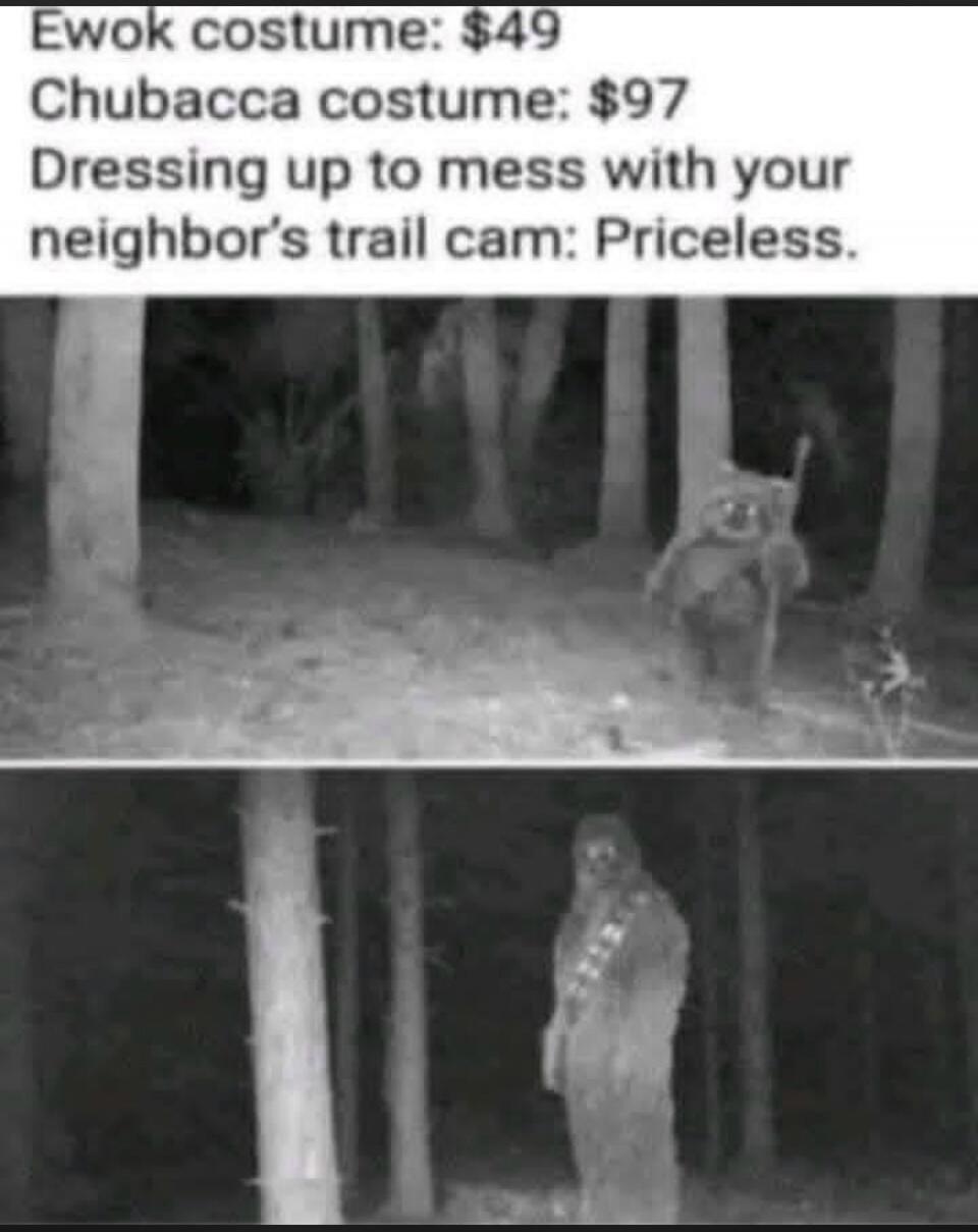 Ewok costume: $49 Chubacca costume: $97 Dressing up to mess with your neighbor's trail cam: Priceless.