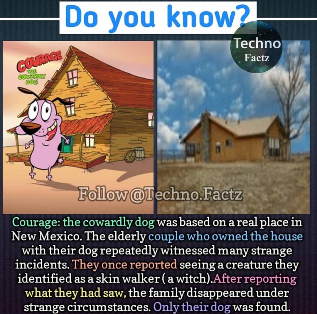 Courage the cowardly dog wasbased on areal place in New Mexico The elderly couple who owned the house with their dog repeatedly witnessed many strange incidents They once reported seeing a creature they identified as a skin walker a witchAfter reporting what they had saw the family disappeared under strange circumstances Only their dog was found