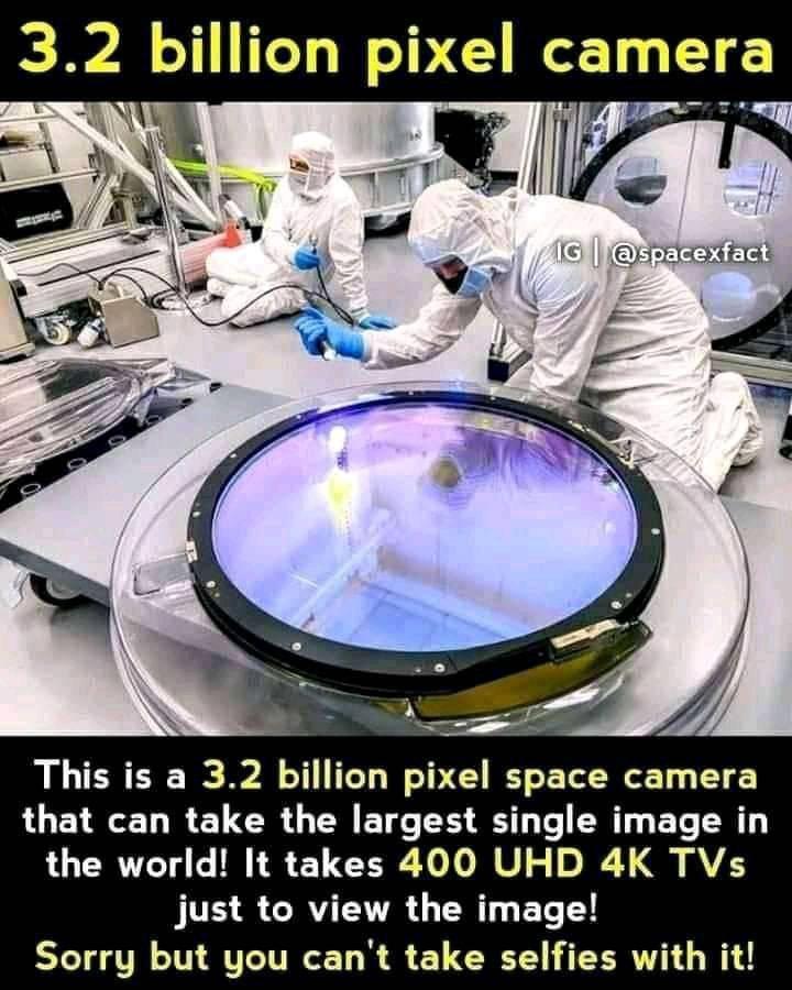 32 billion pixel camer This is a 32 billion pixel space camera that can take the largest single image in the world It takes 400 UHD 4K TVs JUE S CRV IR W T 1 Sorry but you cant take selfies with it