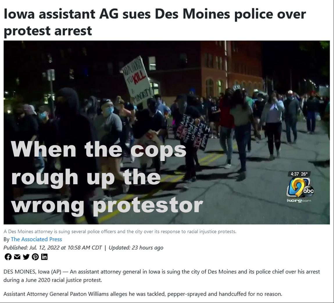 lowa assistant AG sues Des Moines police over protest arrest When the cops rolagh up the wrong protestor