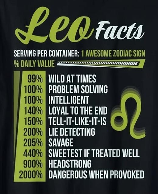LEO Facts SERVING PER CONTAINER: 1 AWESOME ZODIAC SIGN % DAILY VALUE 99% WILD AT TIMES 100% PROBLEM SOLVING 100% INTELLIGENT 140% LOYAL TO THE END 150% TELL-IT-LIKE-IT-IS 200% LIE DETECTING 205% SAVAGE 440% SWEETEST IF TREATED WELL 900% HEADSTRONG 2000% DANGEROUS WHEN PROVOKED