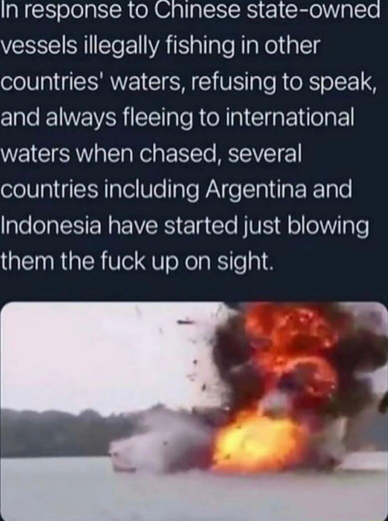 RN ol IR el g pCISRS 1 SRle g CTo vessels illegally fishing in other countries waters refusing to speak and always fleeing to international WA el R ETETe STV countries including Argentina and Indonesia have started just blowing them the fuck up on sight