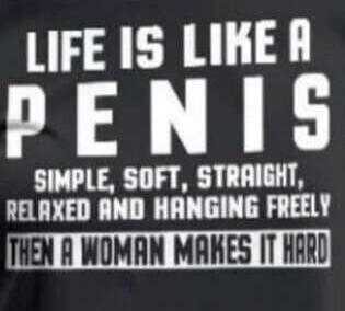 LIFE IS LIKE A PENIS SIMPLE, SOFT, STRAIGHT, RELAXED AND HANGING FREELY THEN A WOMAN MAKES IT HARD