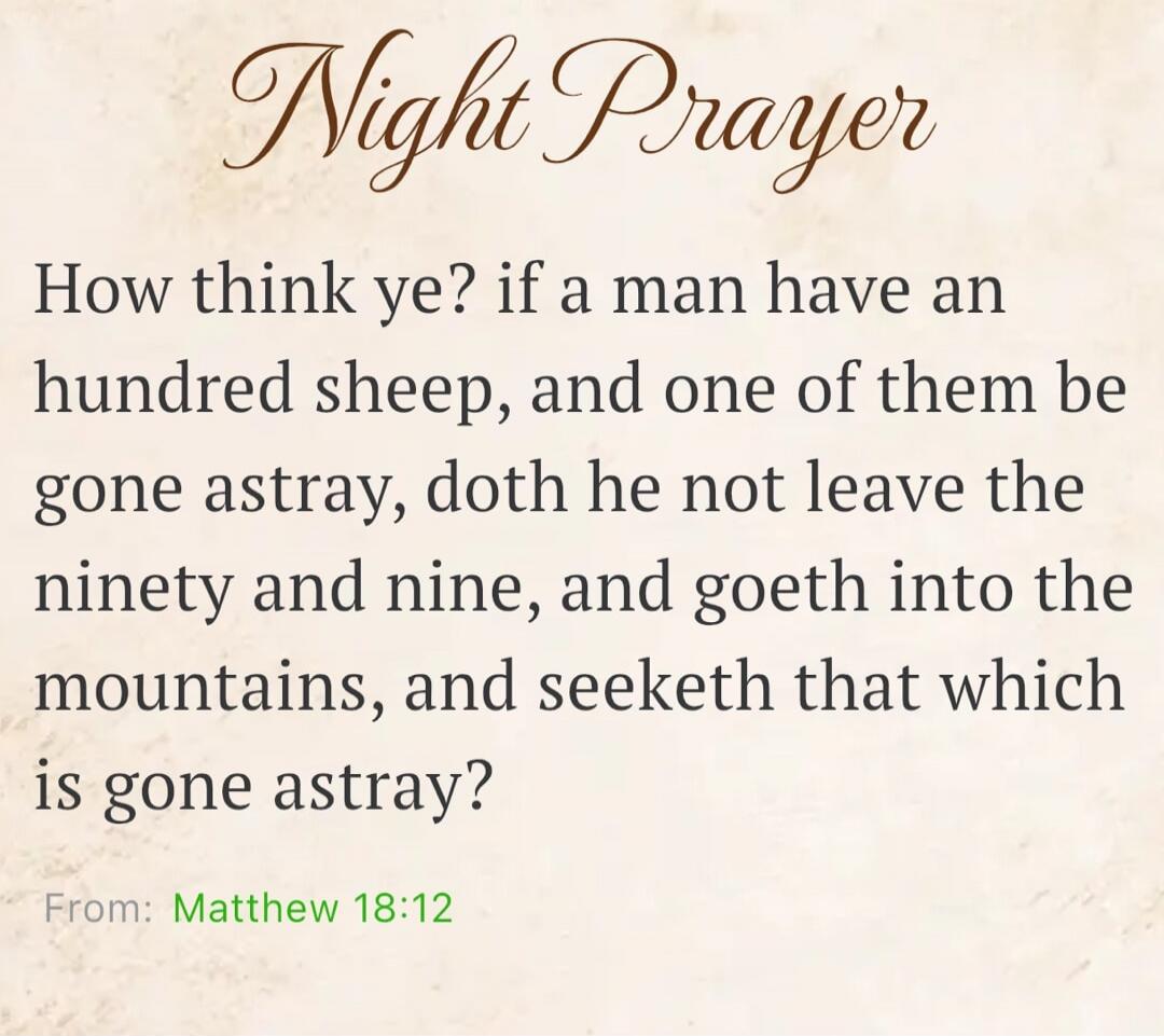 Night Prayer How think ye? if a man have an hundred sheep, and one of them be gone astray, doth he not leave the ninety and nine, and goeth into the mountains, and seeketh that which is gone astray? From: Matthew 18:12