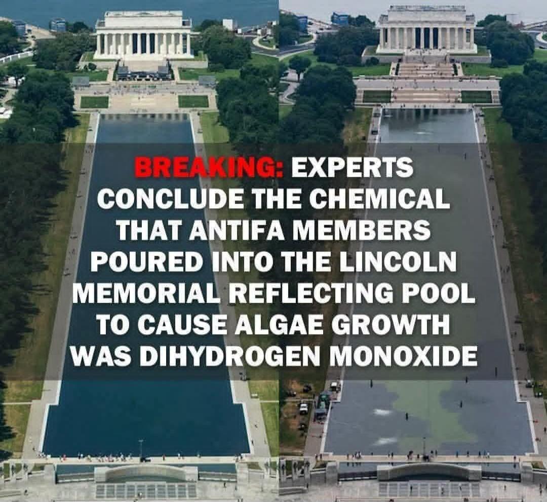 BREAKING: EXPERTS CONCLUDE THE CHEMICAL THAT ANTIFA MEMBERS POURED INTO THE LINCOLN MEMORIAL REFLECTING POOL TO CAUSE ALGAE GROWTH WAS DIHYDROGEN MONOXIDE