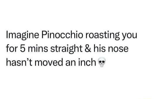 Imagine Pinocchio roasting you for 5 mins straight his nose hasnt moved an inch