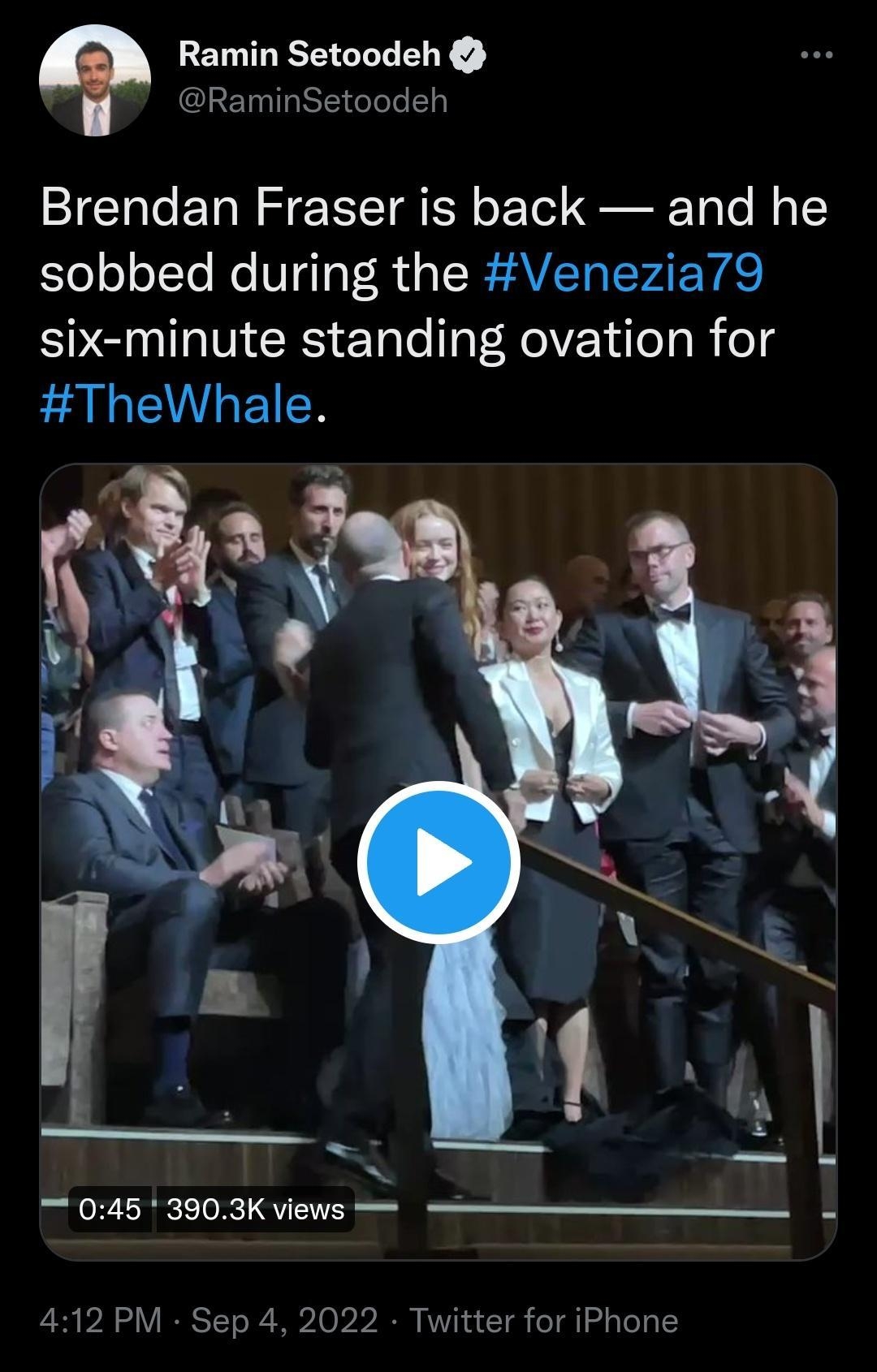 Ramin Setoodeh i inSetoodeh Brendan Fraser is back and he sobbed during the Venezia79 six minute standing ovation for TheWhale 045 3903K views s 412 PM Sep 4 2022 Twitter for iPhone 2601 Re CHER R QoG CRTER O XL RICH