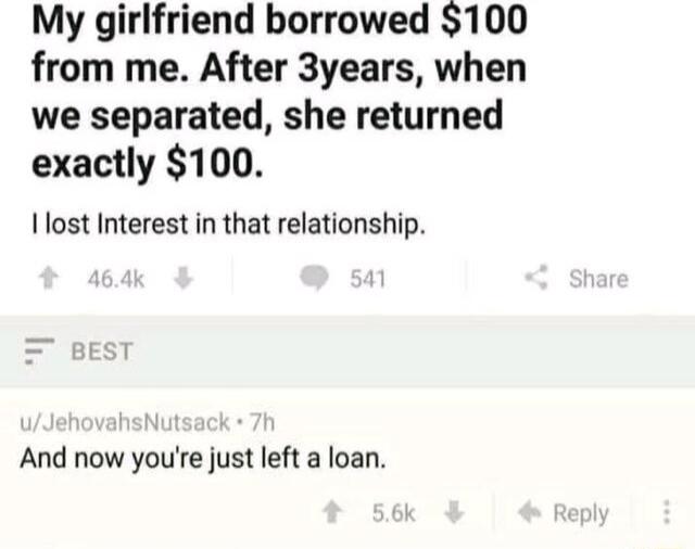 My girlfriend borrowed 100 from me After 3years when we separated she returned exactly 100 I lost Interest in that relationship And now youre just left a loan