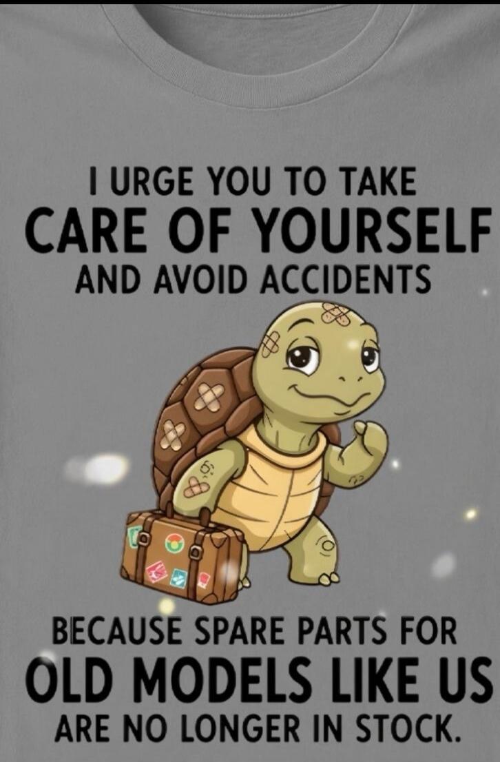 I URGE YOU TO TAKE CARE OF YOURSELF AND AVOID ACCIDENTS BECAUSE SPARE PARTS FOR OLD MODELS LIKE US ARE NO LONGER IN STOCK.