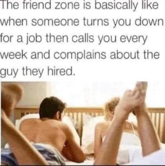 1he friend zone Is basically like when someone turns you down for a job then calls you every week and complains about the guy they hired